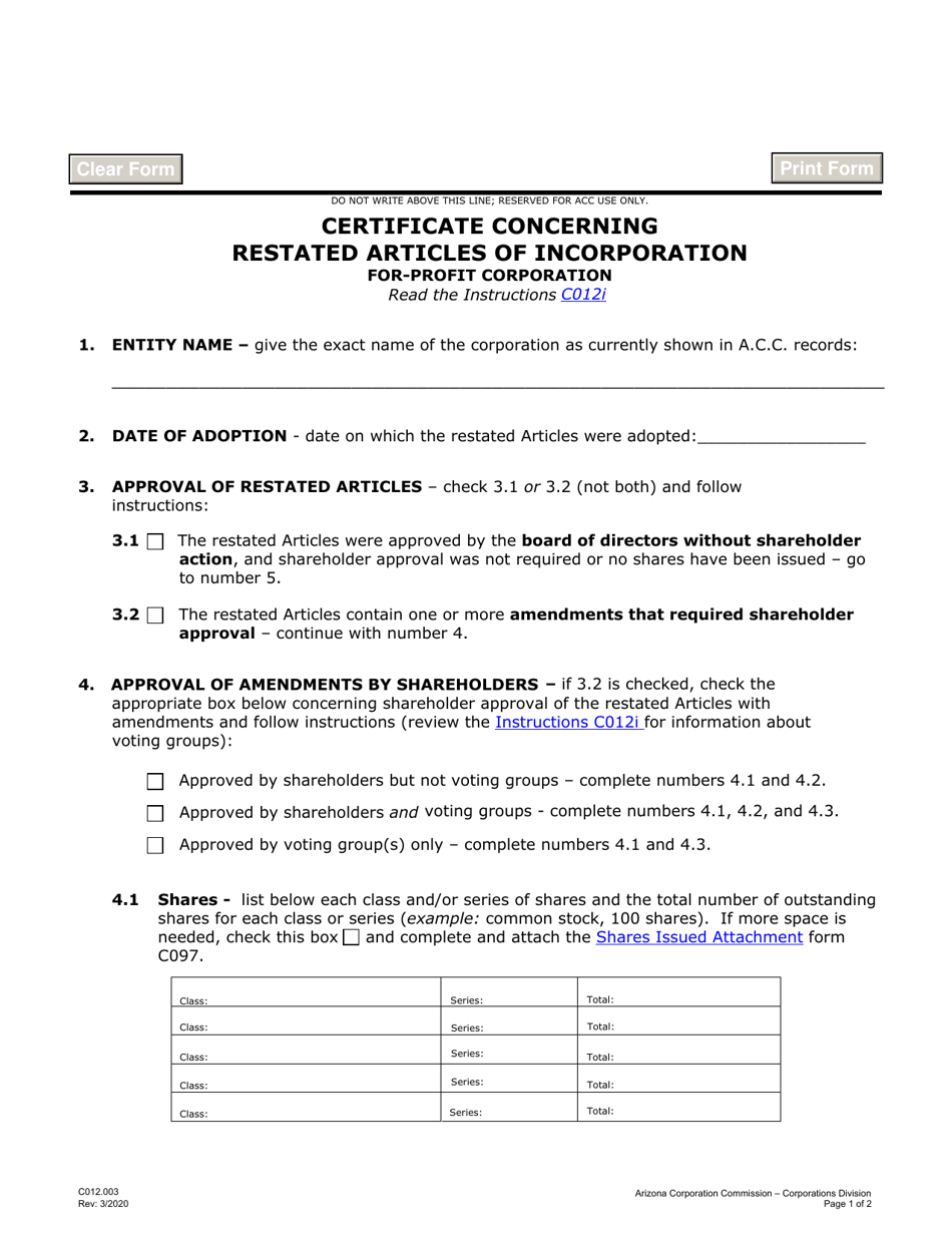 Form C012.003 Certificate Concerning Restated Articles of Incorporation for-Profit Corporation - Arizona, Page 1