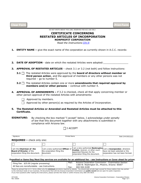Form C013.003 Certificate Concerning Restated Articles of Incorporation Nonprofit Corporation - Arizona