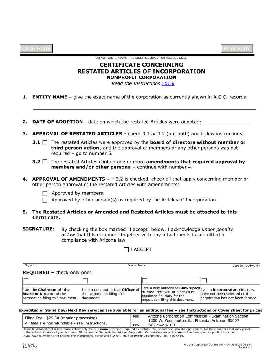 Form C013.003 Certificate Concerning Restated Articles of Incorporation Nonprofit Corporation - Arizona, Page 1