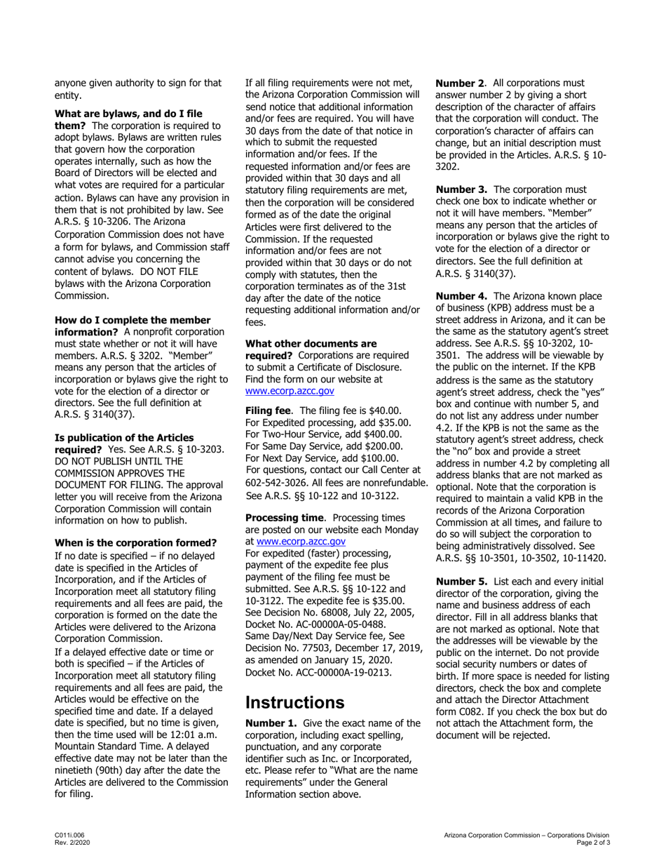 Instructions for Form C011.004 Articles of Incorporation Nonprofit Corporation - Arizona, Page 2