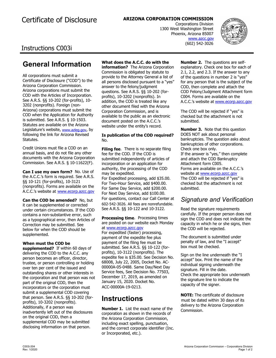 Download Instructions for Form C003 Certificate of Disclosure PDF