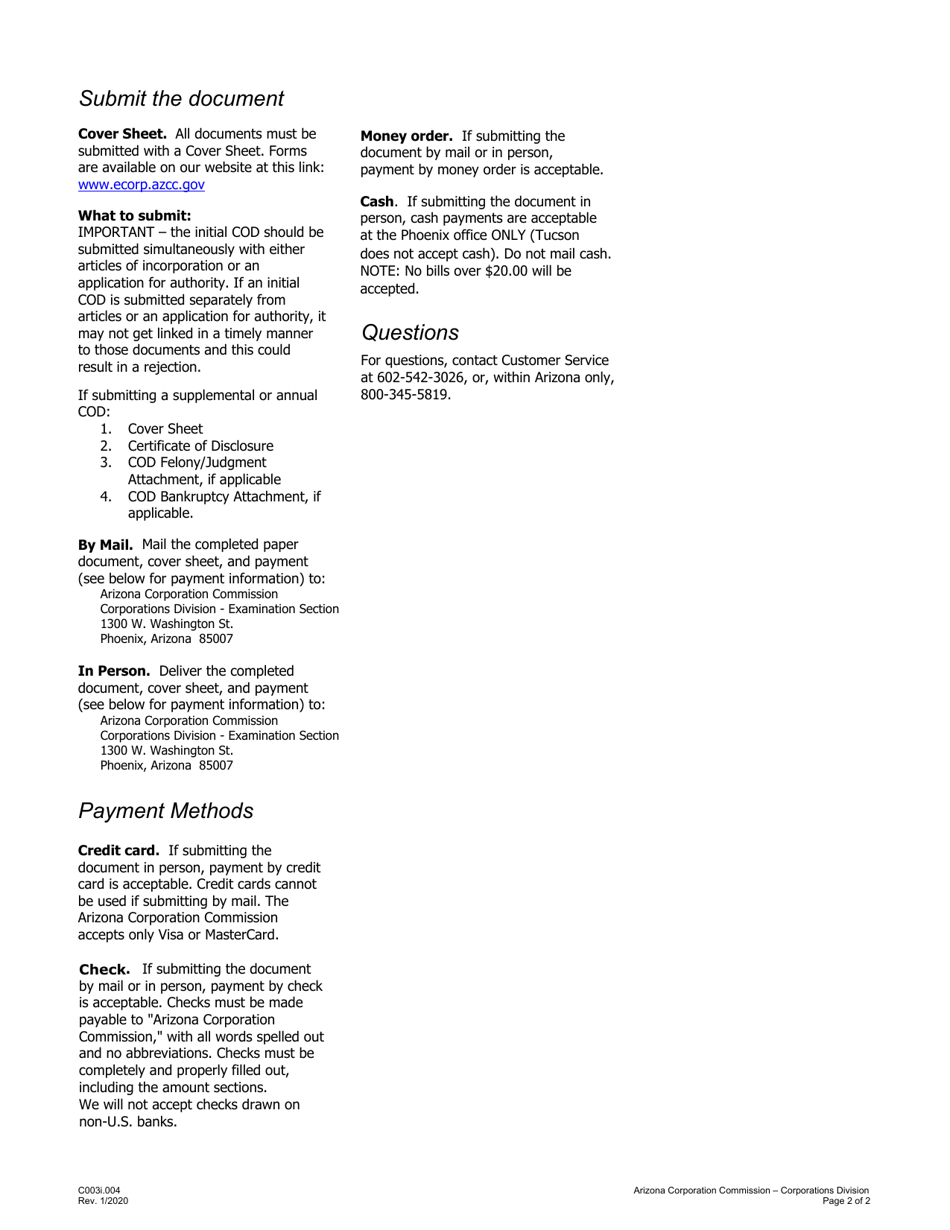 Instructions for Form C003 Certificate of Disclosure - Arizona, Page 2