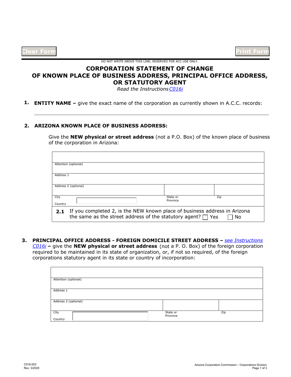 Form C016.003 Corporation Statement of Change of Known Place of Business Address, Principal Office Address, or Statutory Agent - Arizona, Page 1
