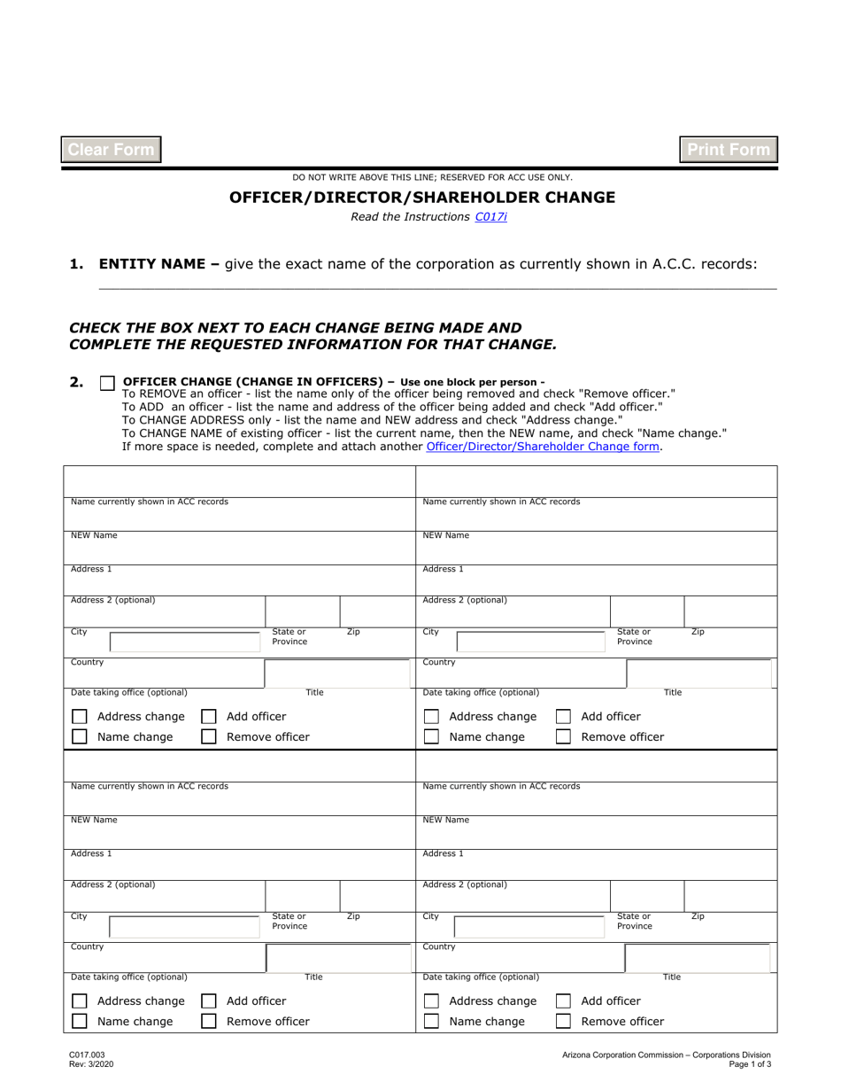 Form C017.003 Officer / Director / Shareholder Change - Arizona, Page 1