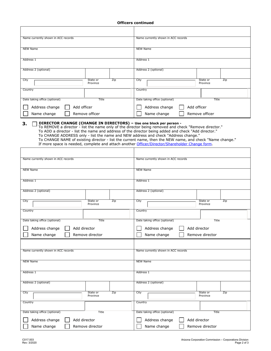 Form C017.003 Officer / Director / Shareholder Change - Arizona, Page 2