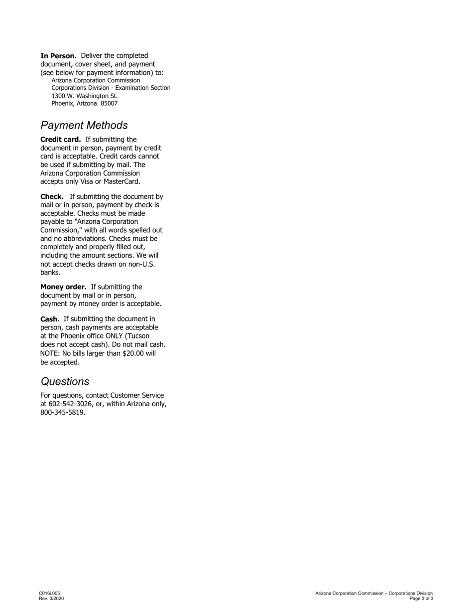 Instructions for Form C016.003 Corporation Statement of Change of Known Place of Business Address, Principal Office Address, or Statutory Agent - Arizona, Page 3