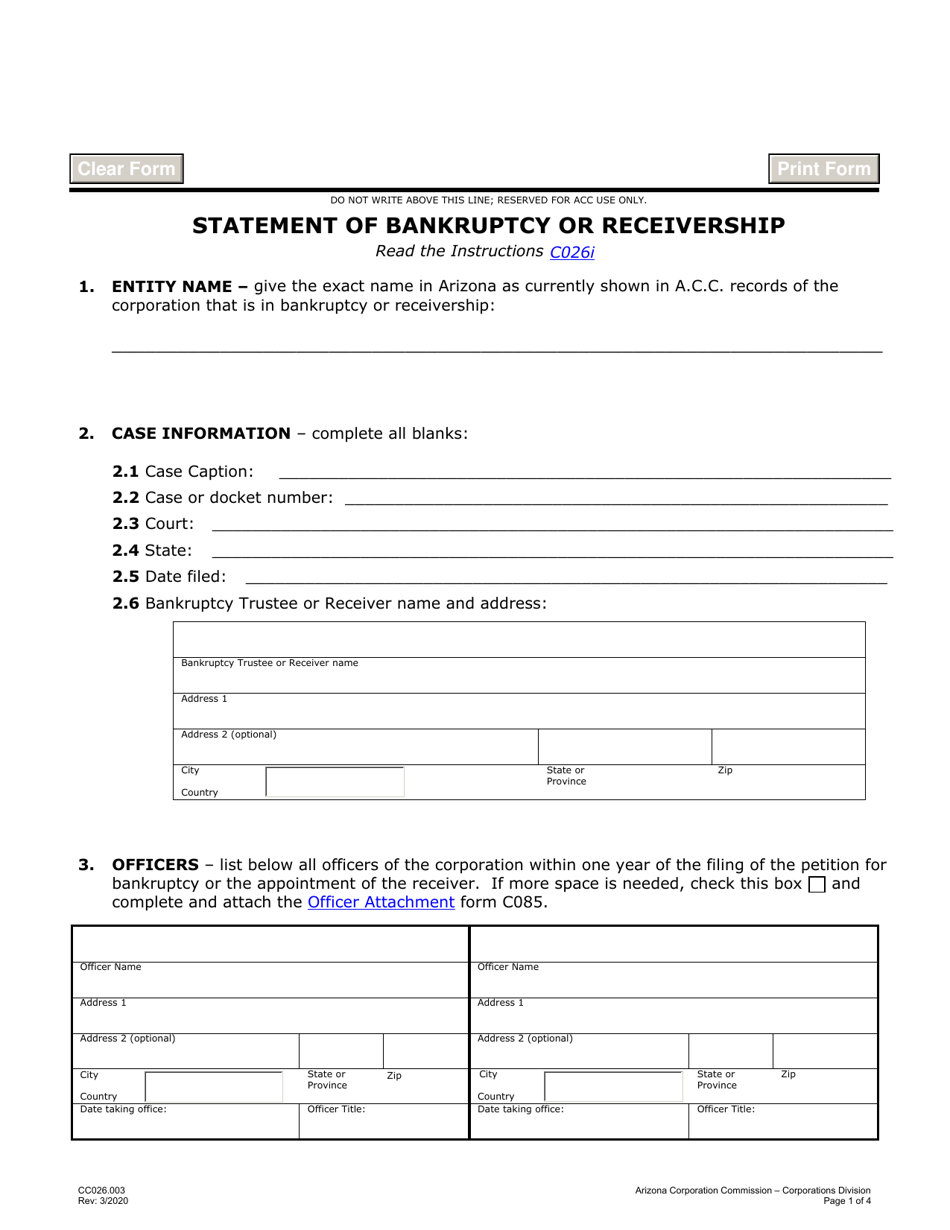 Form C026.003 Statement of Bankruptcy or Receivership - Arizona, Page 1