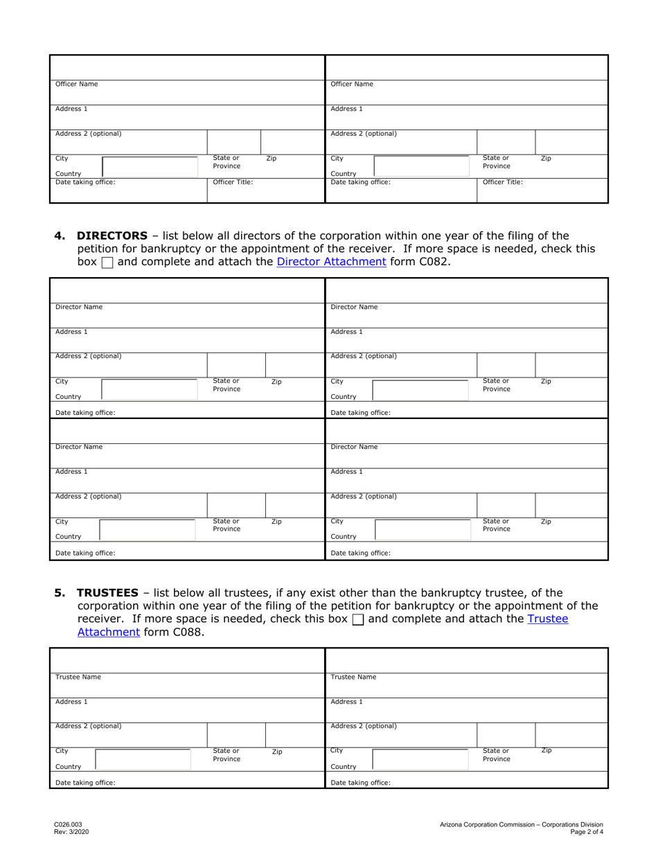Form C026.003 Statement of Bankruptcy or Receivership - Arizona, Page 2