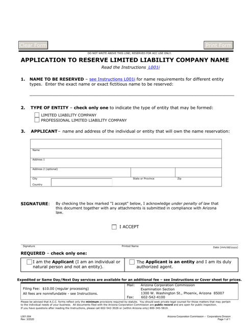 Form L001.004 Application to Reserve Limited Liability Company Name - Arizona