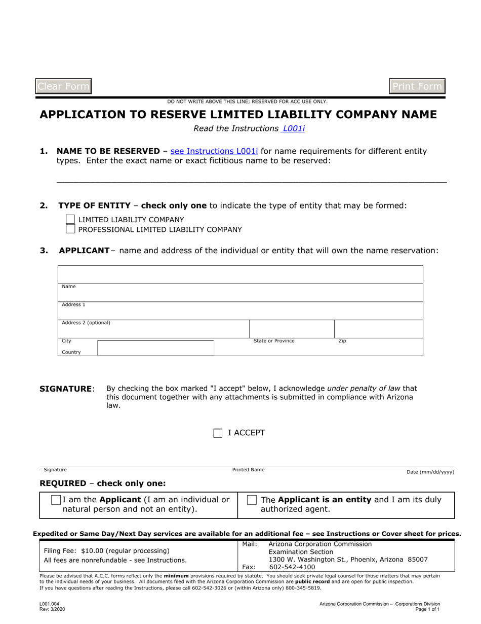 Form L001.004 Application to Reserve Limited Liability Company Name - Arizona, Page 1