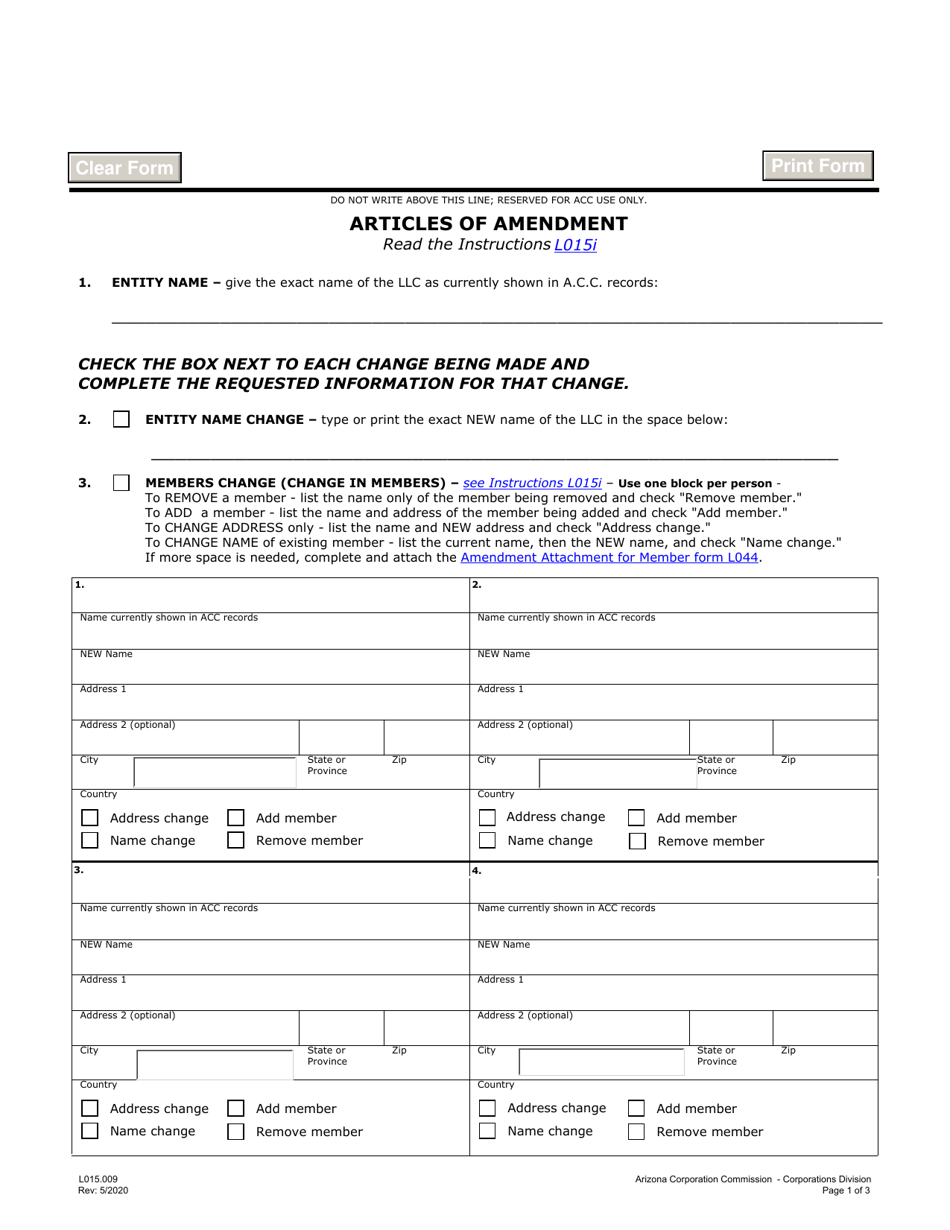 Form L015 Articles of Amendment - Arizona, Page 1
