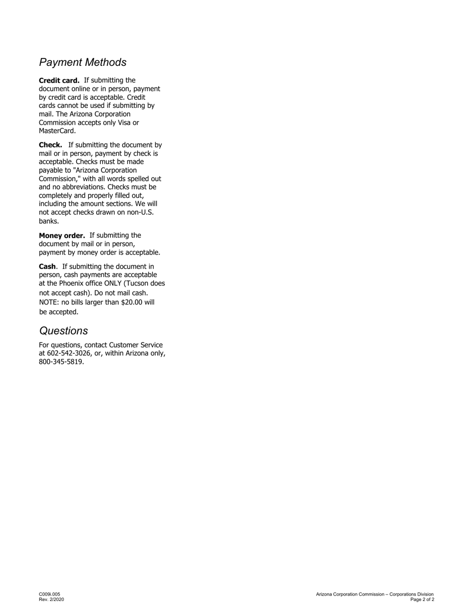 Instructions for Form C009.003 Notice of Cancellation of Approved Corporation Name Reservation or Name Registration - Arizona, Page 2