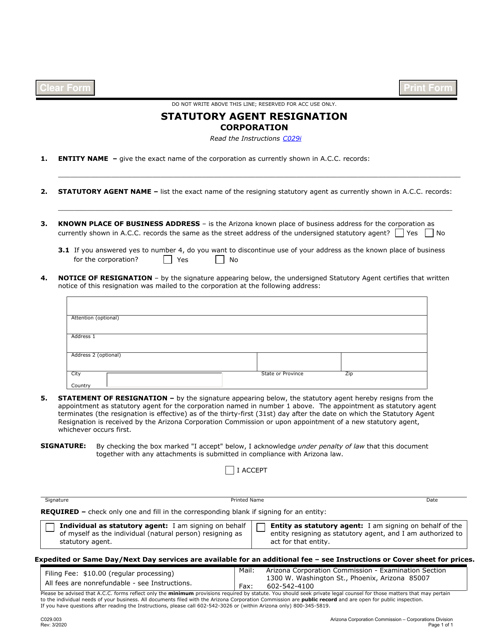 Form C029.003 Statutory Agent Resignation Corporation - Arizona