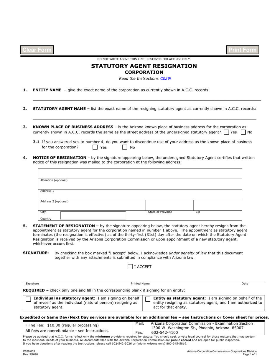 Form C029.003 Statutory Agent Resignation Corporation - Arizona, Page 1