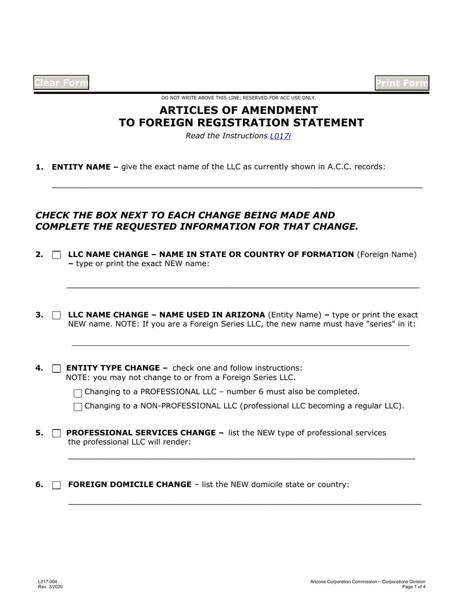 Form L017.004 Articles of Amendment to Foreign Registration Statement - Arizona, Page 1