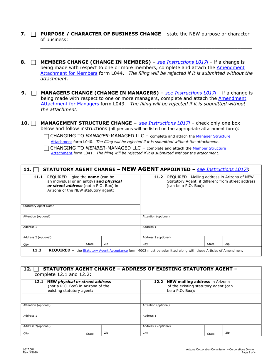 Form L017.004 Articles of Amendment to Foreign Registration Statement - Arizona, Page 2