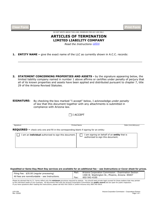 Form L031.004 Articles of Termination Limited Liability Company - Arizona