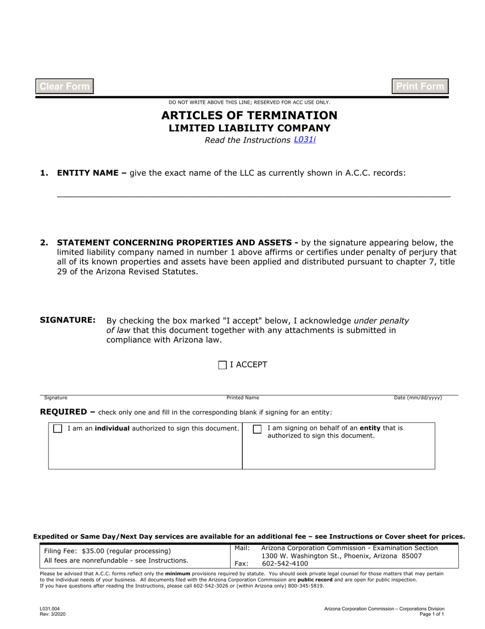 Form L031.004 Articles of Termination Limited Liability Company - Arizona, Page 1