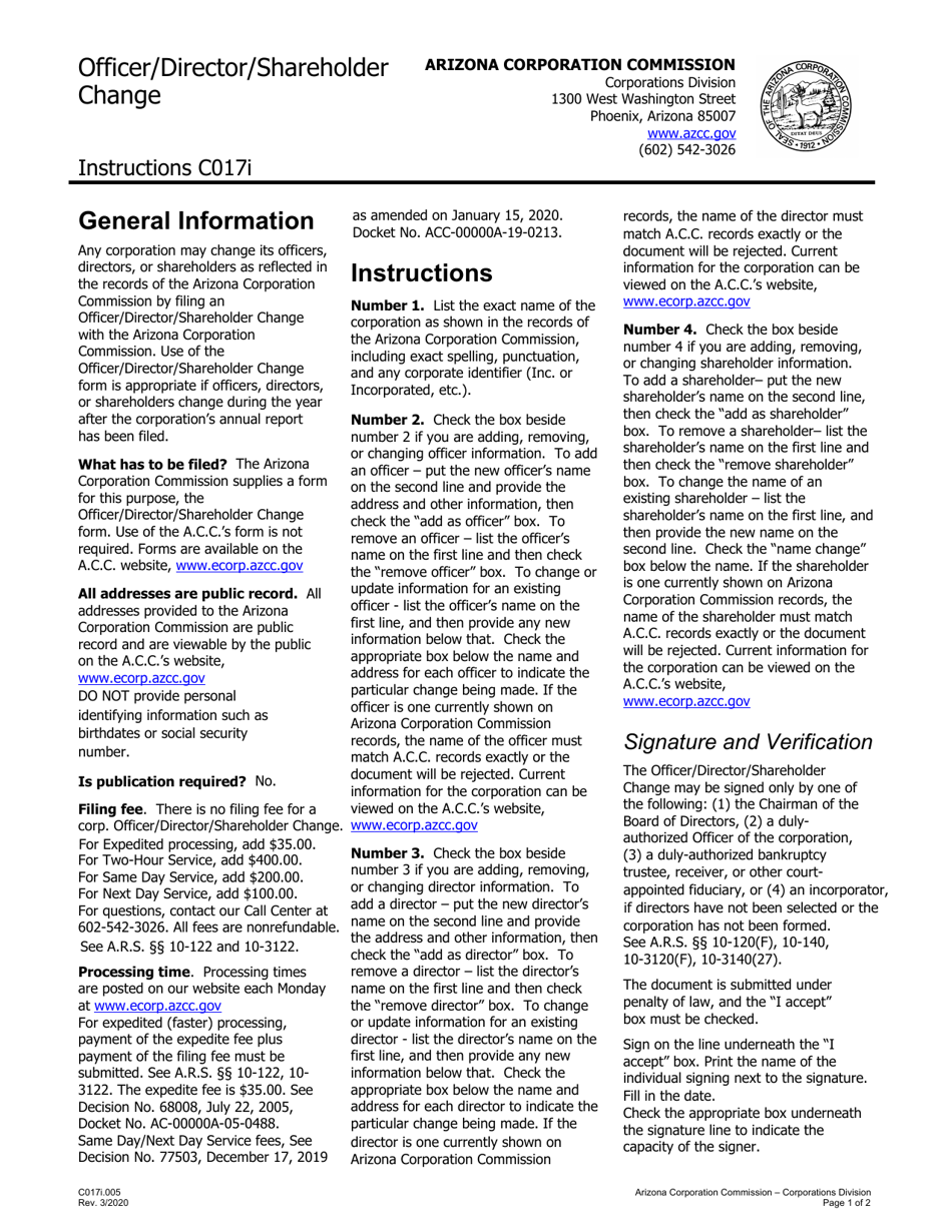 Instructions for Form C017.003 Officer / Director / Shareholder Change - Arizona, Page 1