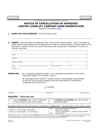 Document preview: Form L003.004 Notice of Cancellation of Approved Limited Liability Company Name Reservation - Arizona