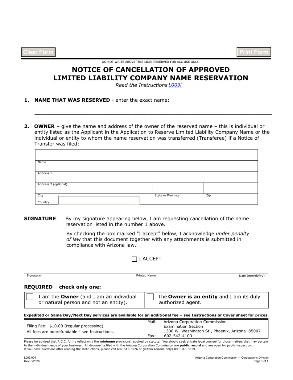 Form L003.004 Notice of Cancellation of Approved Limited Liability Company Name Reservation - Arizona, Page 1