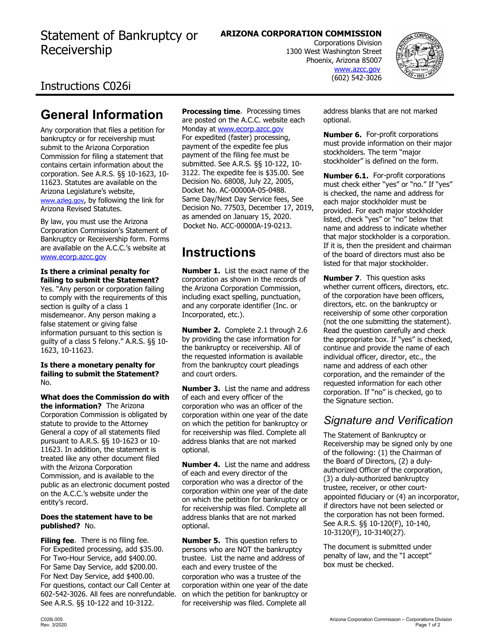 Instructions for Form CC026.003 Statement of Bankruptcy or Receivership - Arizona