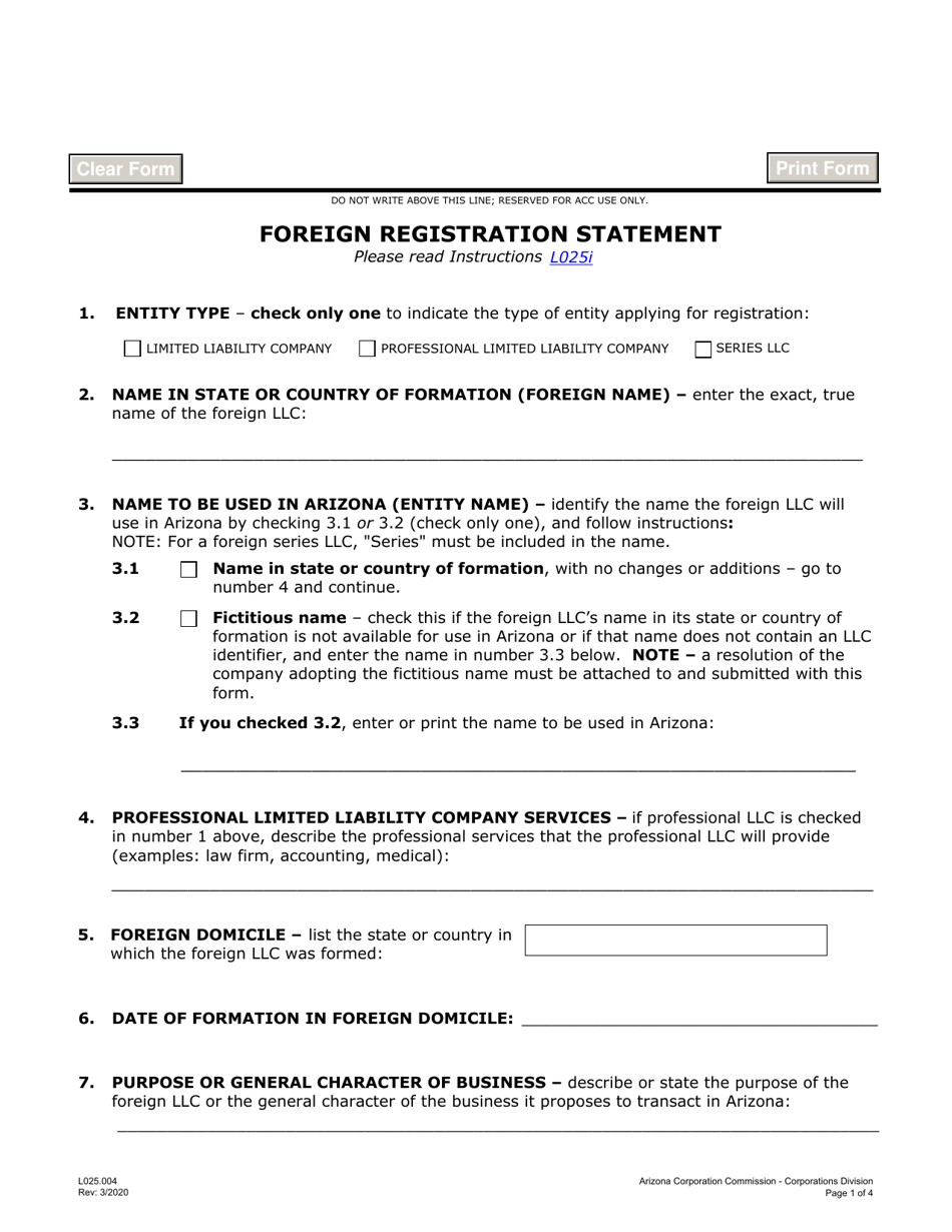 Form L025.004 Foreign Registration Statement - Arizona, Page 1