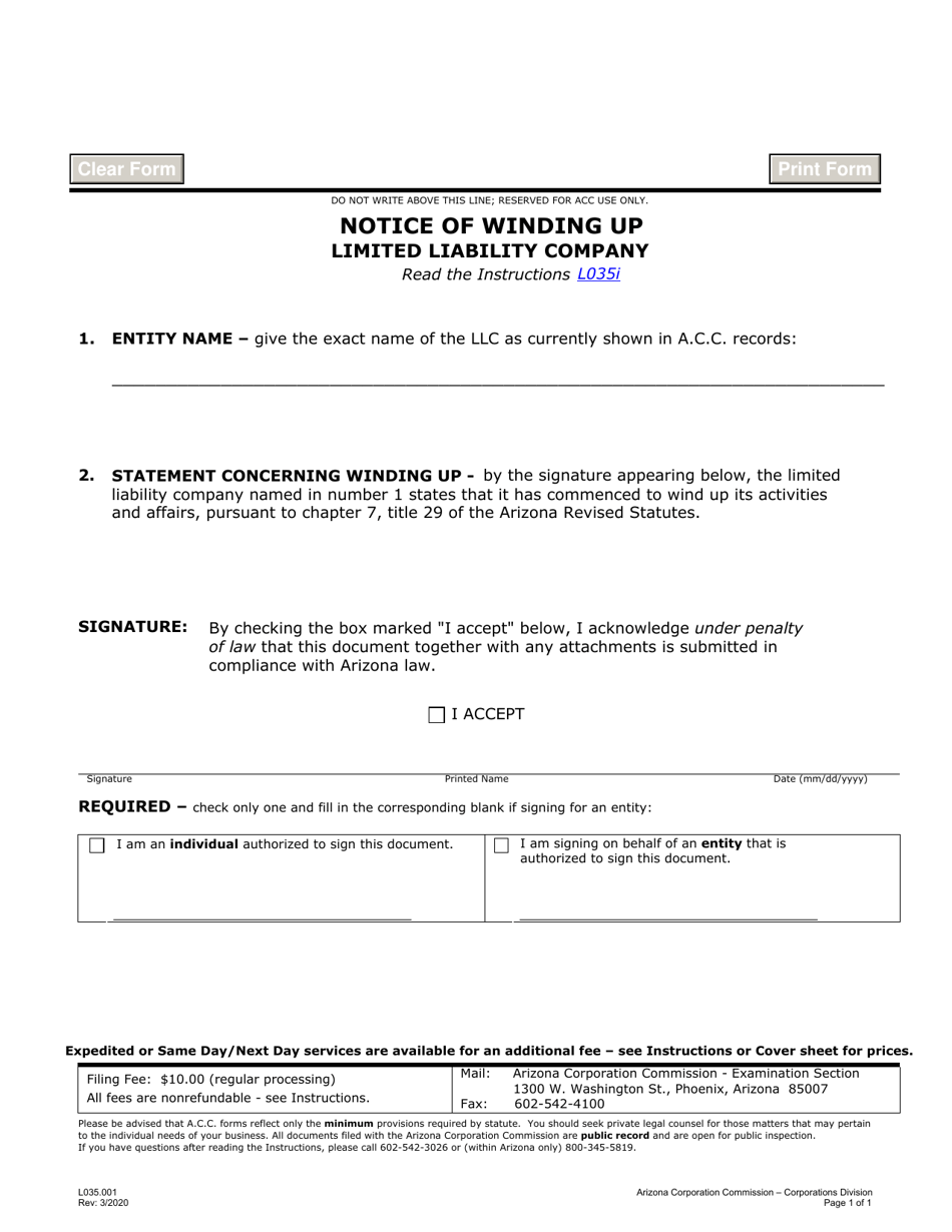 Form L035.001 Notice of Winding up Limited Liability Company - Arizona, Page 1