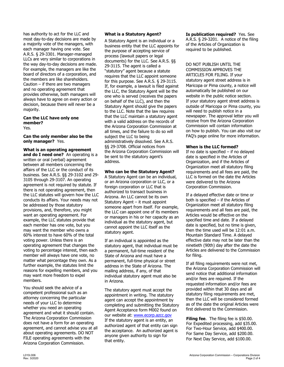 Instructions for Form L010.005 Articles of Organization - Arizona, Page 2