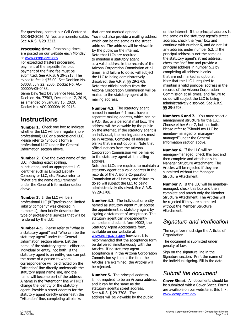 Instructions for Form L010.005 Articles of Organization - Arizona, Page 3