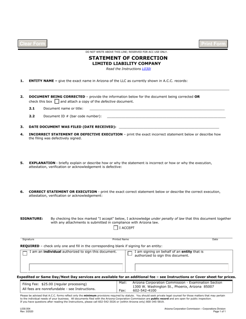 Form L030.004 Statement of Correction Limited Liability Company - Arizona