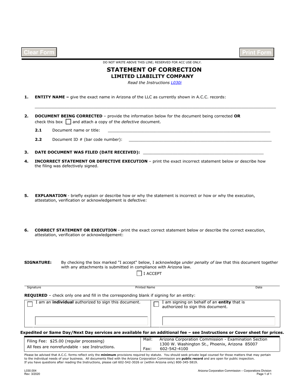 Form L030.004 Statement of Correction Limited Liability Company - Arizona, Page 1