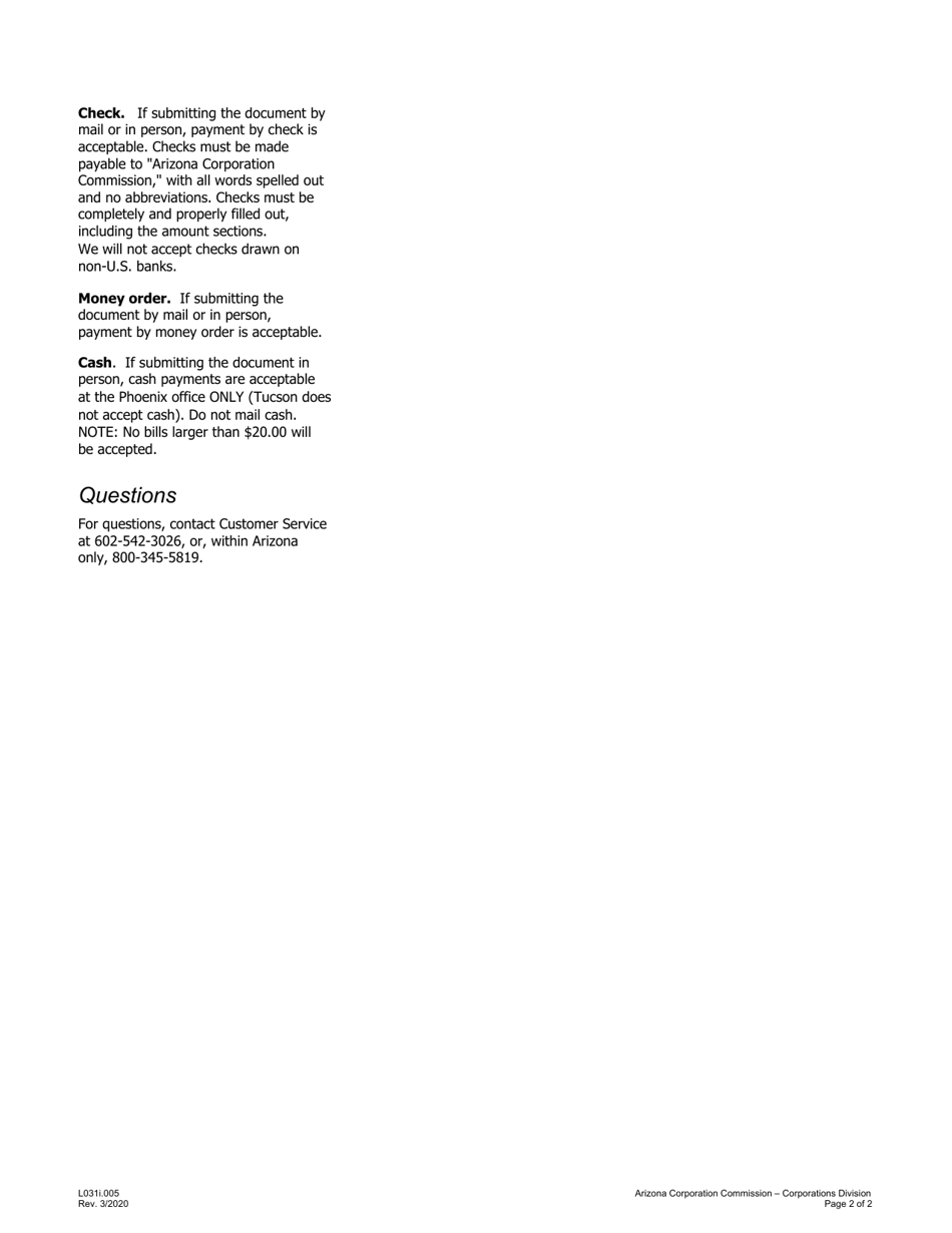 Instructions for Form L031.004 Articles of Termination Limited Liability Company - Arizona, Page 2