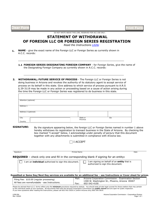 Form L026.004 Statement of Withdrawal of Foreign LLC or Foreign Series Registration - Arizona