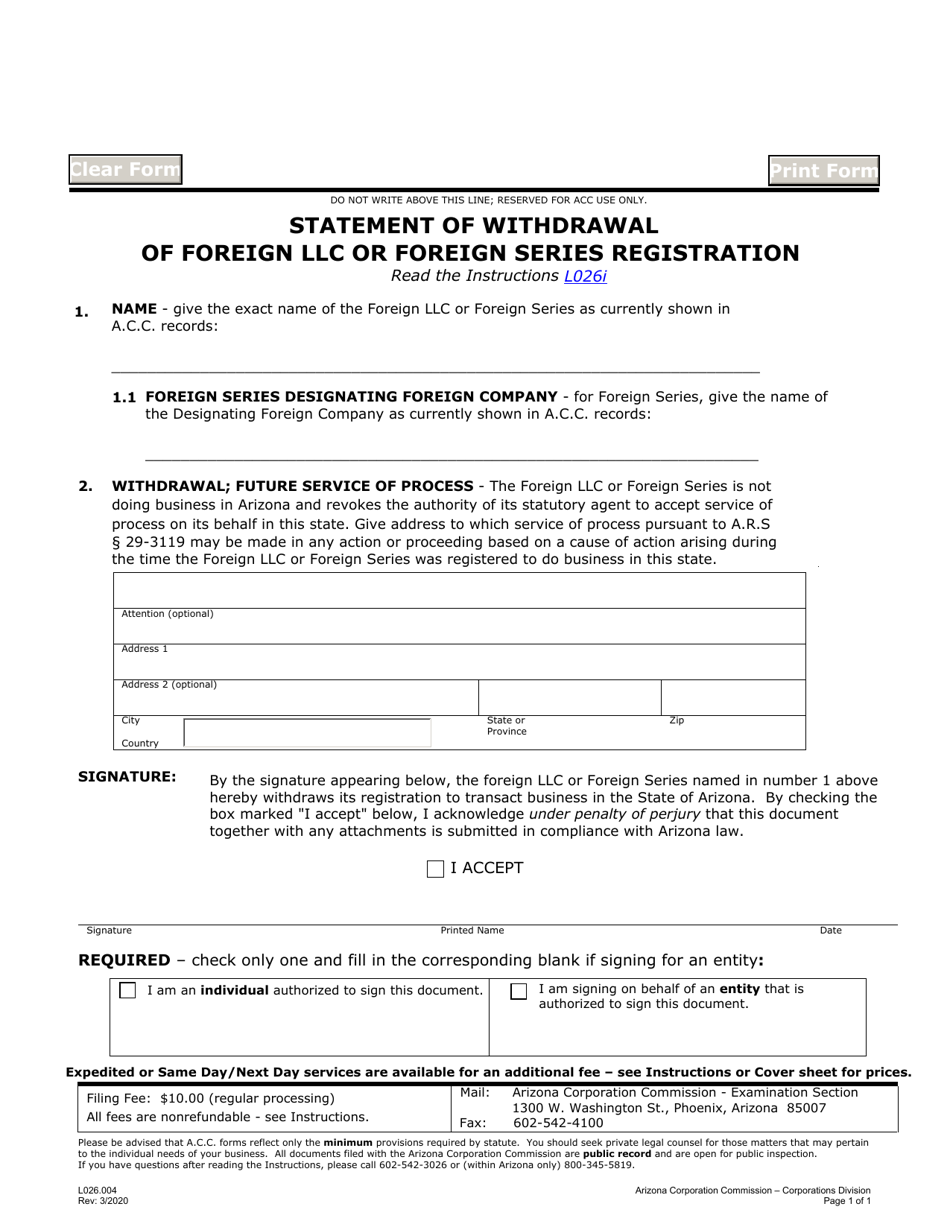 Form L026.004 Statement of Withdrawal of Foreign LLC or Foreign Series Registration - Arizona, Page 1
