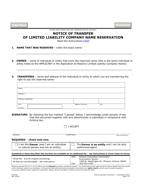 Form L002.004 Notice of Transfer of Limited Liability Company Name Reservation - Arizona