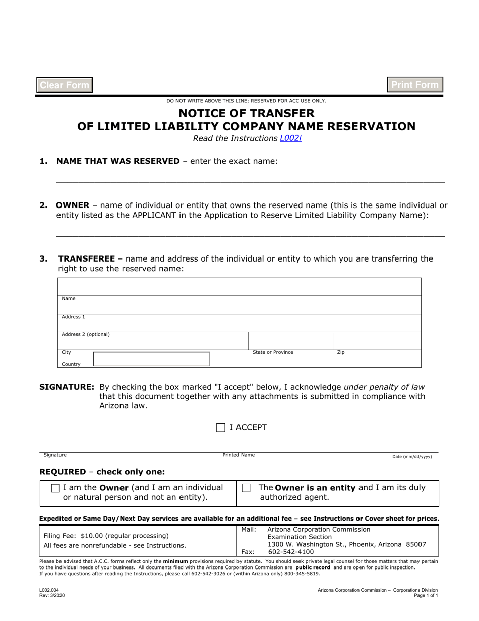 Form L002.004 Notice of Transfer of Limited Liability Company Name Reservation - Arizona, Page 1