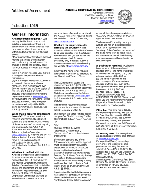 Instructions for Form L015.009 Articles of Amendment - Arizona
