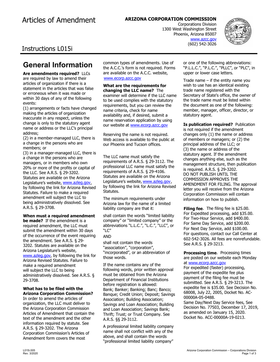 Instructions for Form L015.009 Articles of Amendment - Arizona, Page 1