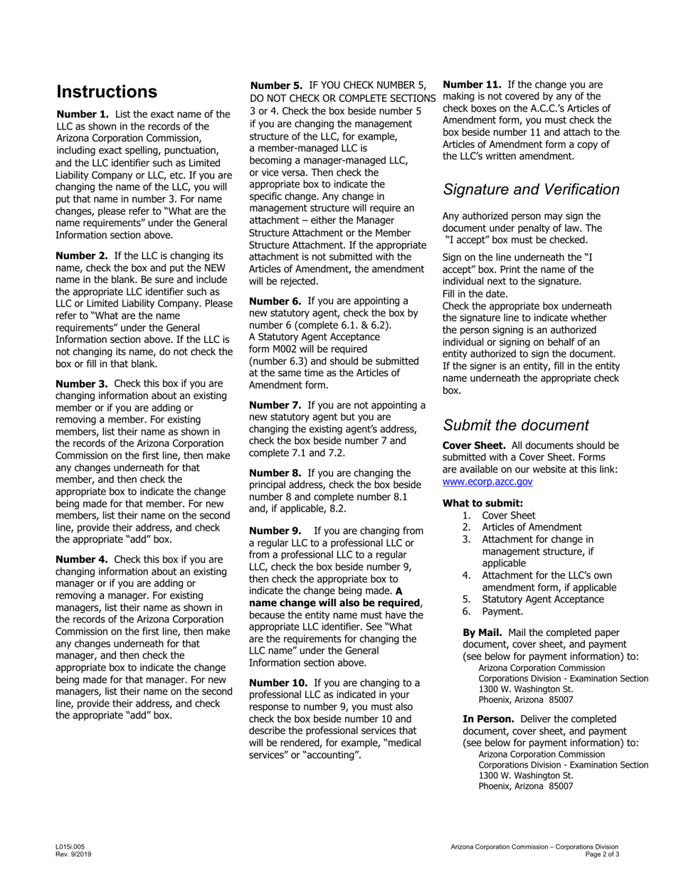 Instructions for Form L015.009 Articles of Amendment - Arizona, Page 2