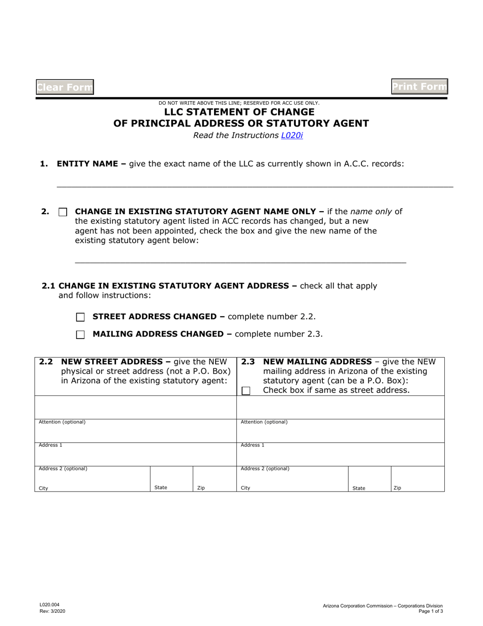 Form L020 004 Download Fillable PDF Or Fill Online LLC Statement Of 