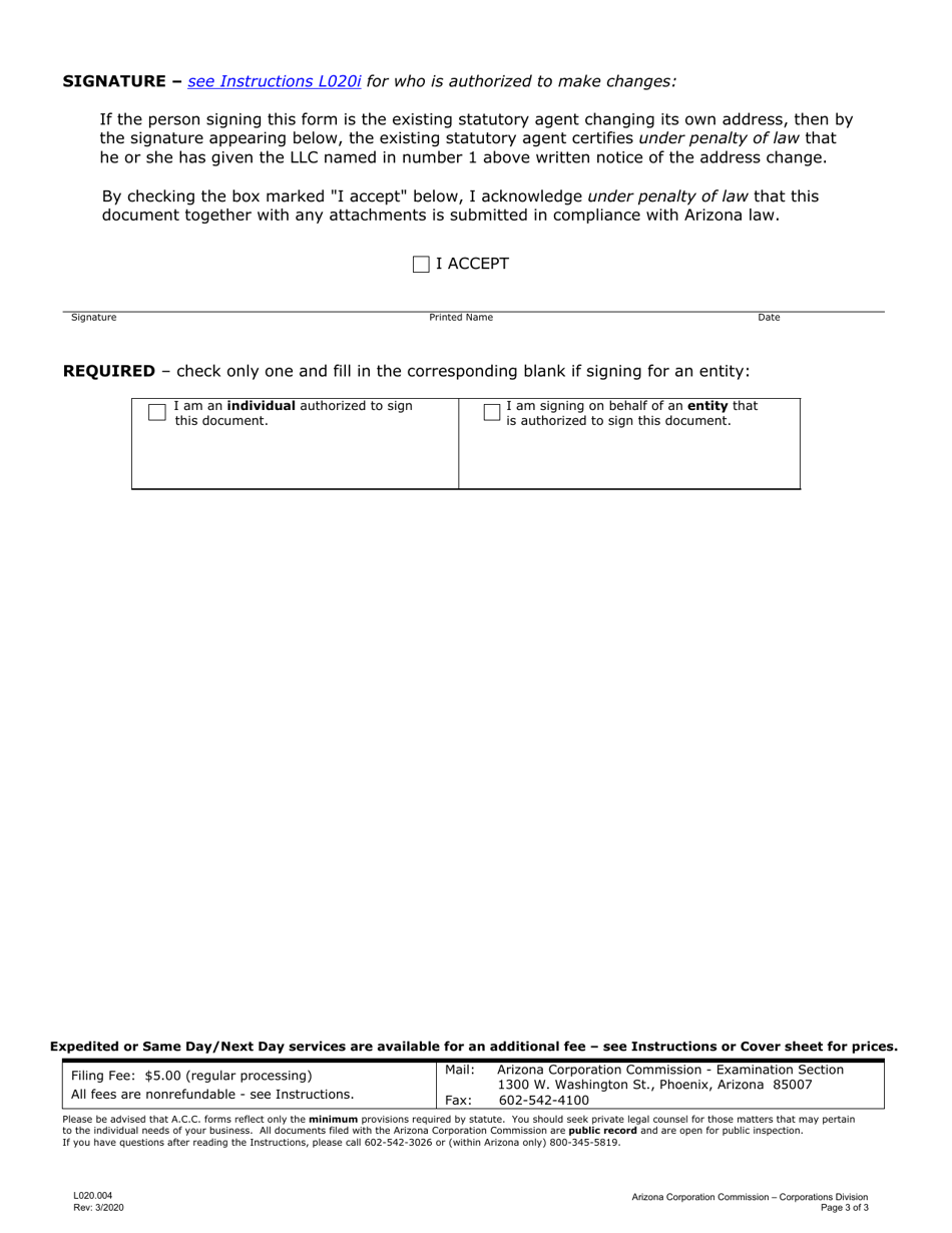 Form L020.004 LLC Statement of Change of Principal Address or Statutory Agent - Arizona, Page 3