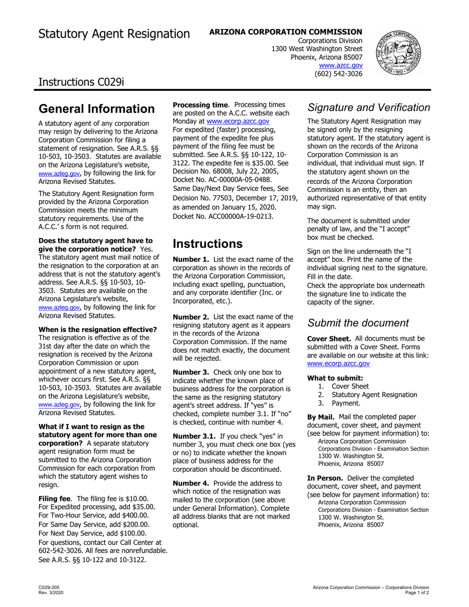 Instructions for Form C029.003 Statutory Agent Resignation Corporation - Arizona, Page 1