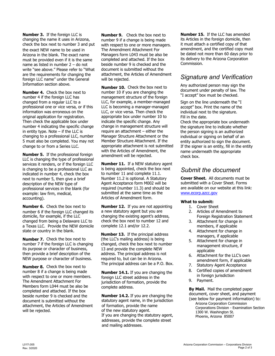 Instructions for Form L017.004 Articles of Amendment to Foreign Registration Statement - Arizona, Page 2