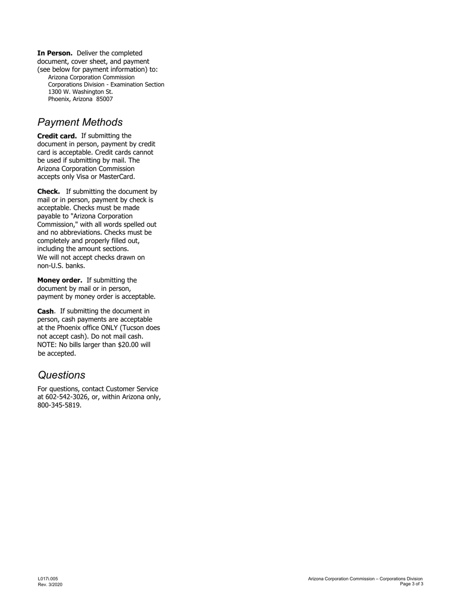 Instructions for Form L017.004 Articles of Amendment to Foreign Registration Statement - Arizona, Page 3