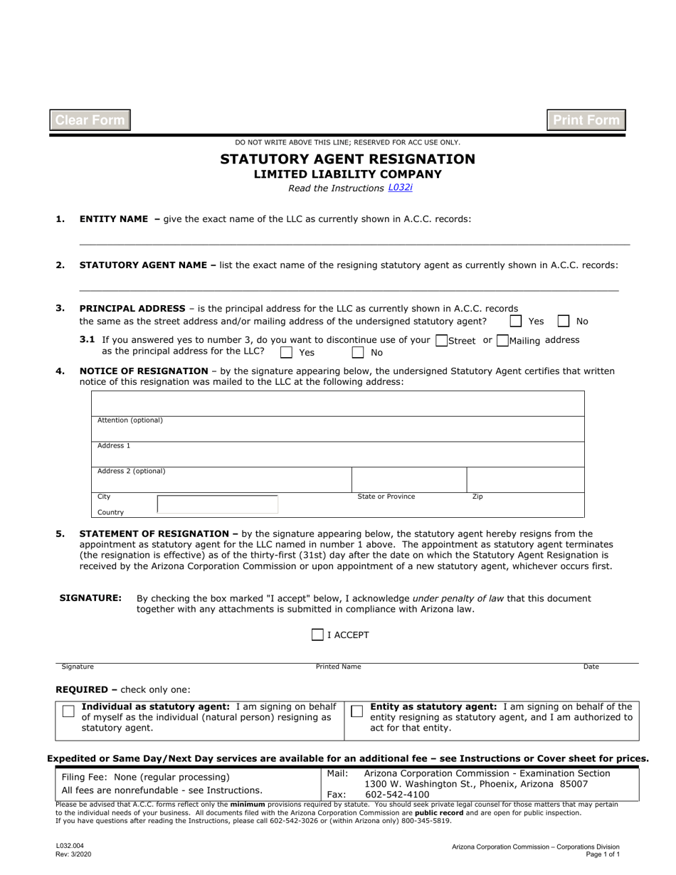 Form L032.004 Statutory Agent Resignation Limited Liability Company - Arizona, Page 1
