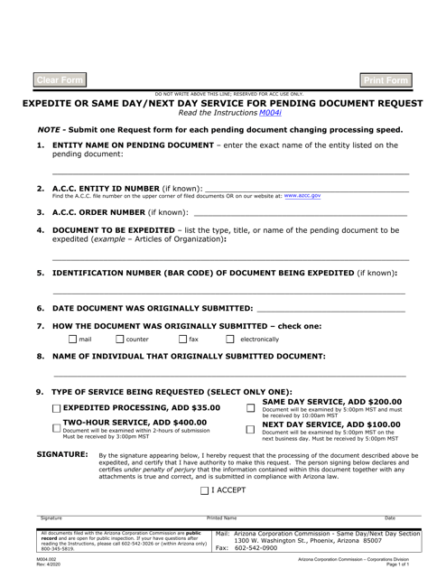 Form M004.002 Expedite or Same Day/Next Day Service for Pending Document Request - Arizona