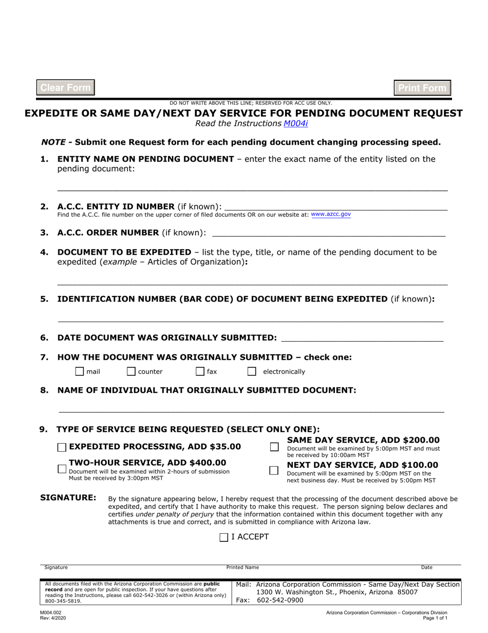 Form M004.002 Expedite or Same Day / Next Day Service for Pending Document Request - Arizona, Page 1
