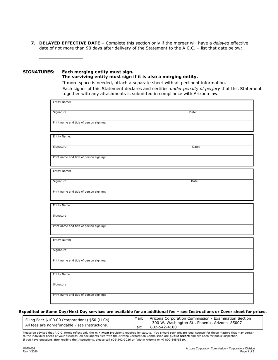 Form M075.004 Statement of Merger - Arizona, Page 3