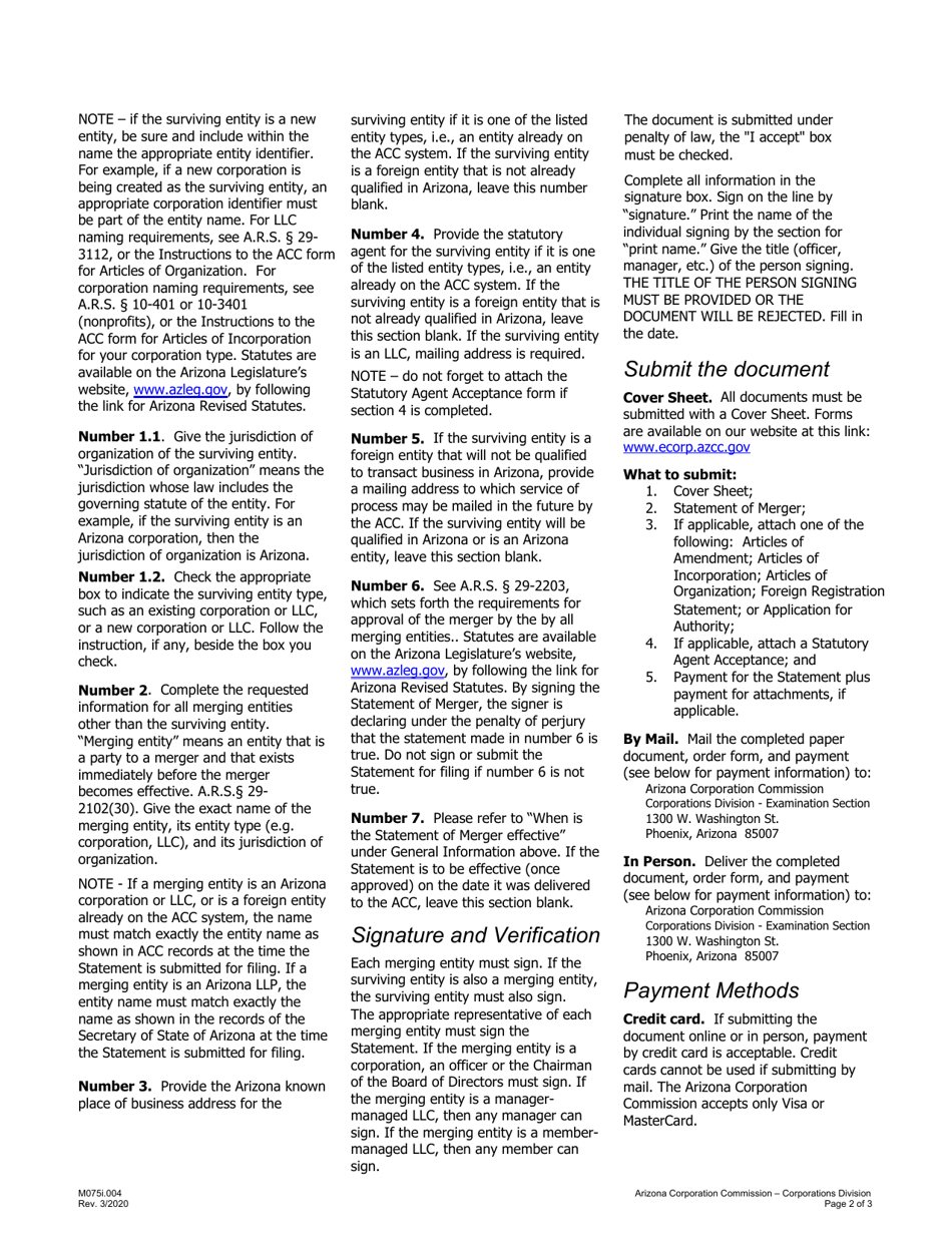 Instructions for Form M075.004 Statement of Merger - Arizona, Page 2